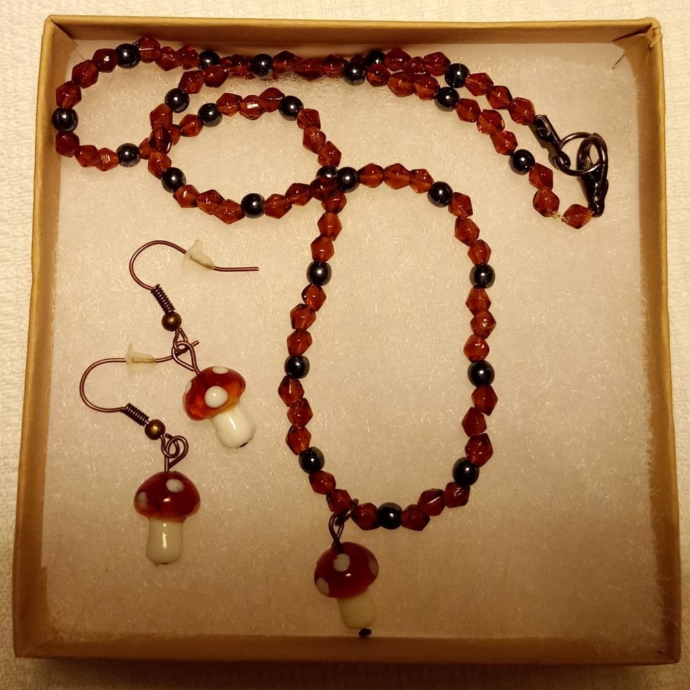 Glass beaded Mushrooms Necklace & Earrings set *Handmade!